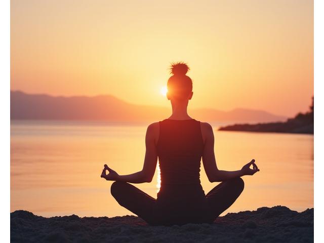 Une femme sereine en pose de méditation au lever du soleil, symbolisant l'équilibre et la gestion du temps.